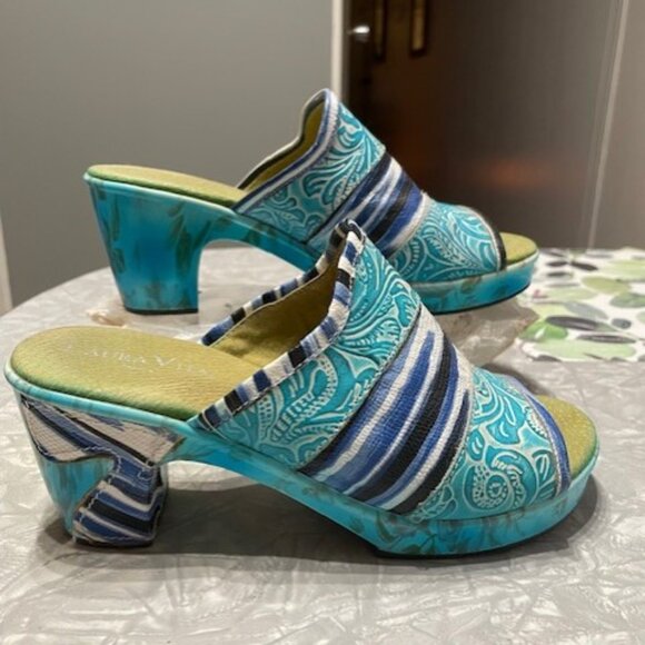 BNWOT Laura Vita France Turquoise Blue Colorful Heeled Sandals Size 36 - Picture 1 of 7